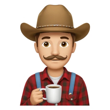 generate an ios genmoji of a 20 year old tan boy with a cowboy hat and horseshoe mustche. Wearing a flannel and carrying a coffee mug sticker