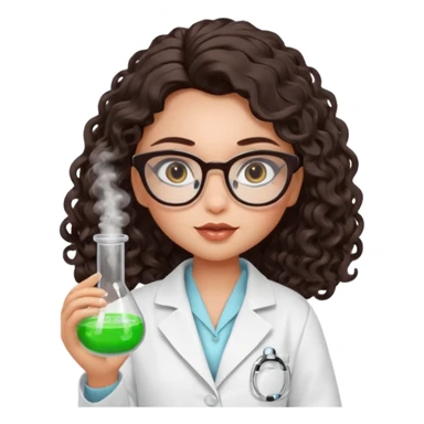realistic bratz doll with long loose curly dark brown hair, glasses that are round cat eye vibes, in a lab coat mixing beakers that glow sticker