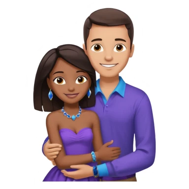 Tan tall brunette European male in blue shirt smiling and hugging a jet black African girl in purple strapless dress and blue jewelry they are on a beach with palm trees sticker