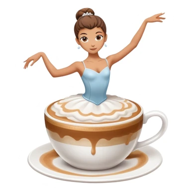 Ballerina dancer emerging from cappuccino foam, graceful pose, coffee cup sticker