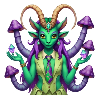 Feminine green and purple Scorpio Baphomet standing among trippy tie-dye mushrooms.. she’s holding a crystal in one hand and  holding a scorpion in the other hand sticker