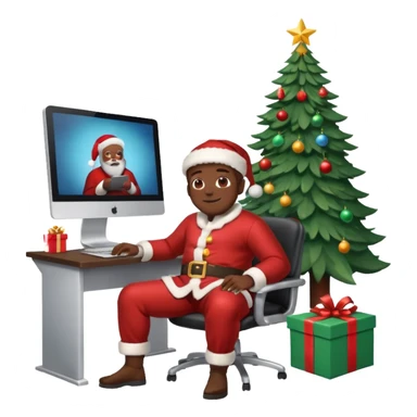Informaticien homme noir full-body, week-end détente, assis à son bureau moderne avec ordinateur affichant du code.. À côté de lui, le Père Noël souriant, sapin illuminé et cadeaux autour. sticker