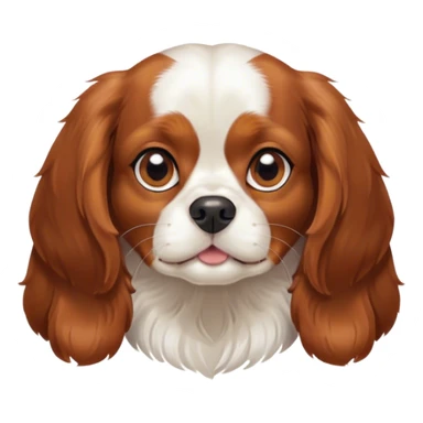 Cinematic Cute Blenheim Cavalier King Charles Spaniel Portrait Emoji, Head tilted playfully and inquisitively, silky Blenheim coat with warm chestnut and crisp white patches, round, sparkling brown eyes filled with curiosity, Simplified yet irresistibly adorable features, highly detailed, glowing with a warm, friendly glow, high shine, affectionate and lively, stylized with a touch of whimsy, bright and endearing, soft glowing outline, capturing the essence of a mischievous yet loving pup, so playful it feels like it could pounce out of the screen and into your arms! sticker