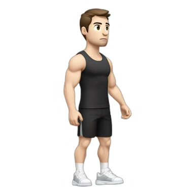 Confused Pale skinned Fit Man With the biceps and dark brown hair in black shirt, gray sports shorts and white Sneakers sticker