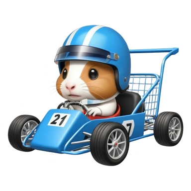 Racing drift car whose frame and suspension is made of shopping cart material is being professionally steered driven by a small thin Guinea pig  sticker