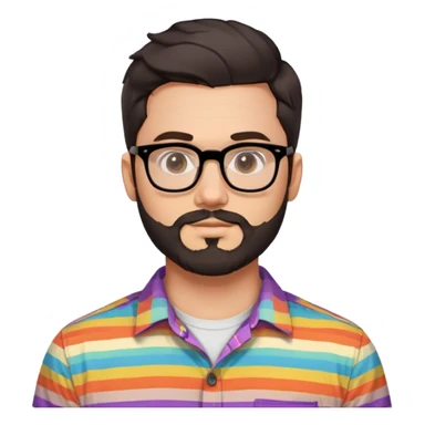 a 30-year-old man with light skin, medium solid build, wide face, soft cheeks, rounded jawline, neutral relaxed expression, short dense full beard, wavy voluminous brown-black hair at the front, large rectangular black thick frame glasses, colorful button-up shirt open showing white t-shirt sticker