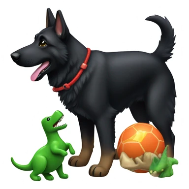 All black German shepherd with toy dinosaur sticker