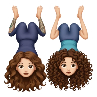 spell confusion — long wavy brown hair tattooed woman and short tight curly brown hair woman — scroll upside down sticker