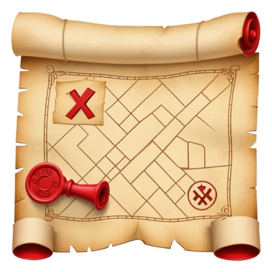 A rolled up treasure map with red wax seal, partially unfolded showing an X sticker