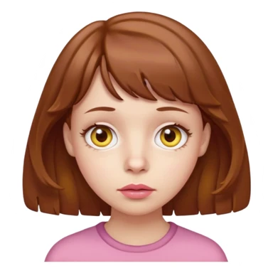 FAÇA UMA PERSONAGEM FOFA COM NARIZ DE BOLINHA AVERMELHADO CLARO E ZUMBI CABELO MARRON ONDULADO E FRANJA CURTA   COMO SE NÃO SOUBESSE OQ FEZ LÁBIOS CLAROS FECHADOS E OLHOS AMARELOS sticker