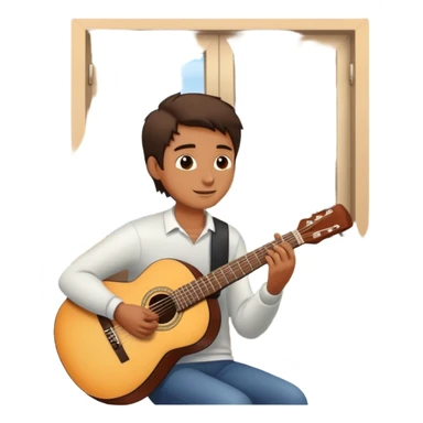 person serenading with guitar under a window sticker