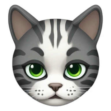 Grumpy Chubby Striped dark grey female cat with Green eyes and white chest sticker