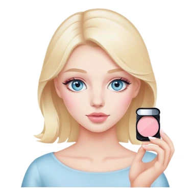 coquette blonde girl with light blue eyes putting pale pink blush on sticker