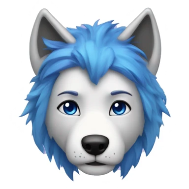 make me a wolf with blue hair on top with purple ears with blue eyes blue nose gray and white face with warm thing around his neak thats makes hime warm that is blue and black sticker