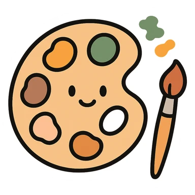 A cute and charming artist’s paint palette with dabs of paint in a warm, cozy color scheme: golden orange (FA9B41), deep forest green (4A7C5C), muted taupe brown (96775A), and pastel peach (FFCC9A). The wooden palette has a soft, rounded shape with a smooth finish, and the paint blobs are arranged neatly like little candy drops. Some splashes of color are playfully smeared nearby, and a tiny paintbrush rests beside the palette. The overall mood is light, artistic, and whimsical, with soft lighting and a gentle, creative atmosphere — perfect for a dreamy, storybook-style illustration. sticker