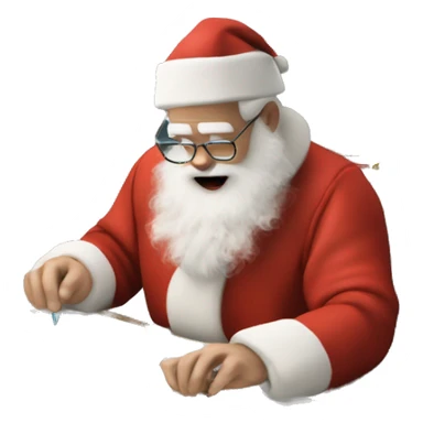 White Father Christmas with real hands is sitting on a desk, writing something down on a sheet of paper, solving complicated math puzzles, you can see the math tasks/ exercises sticker
