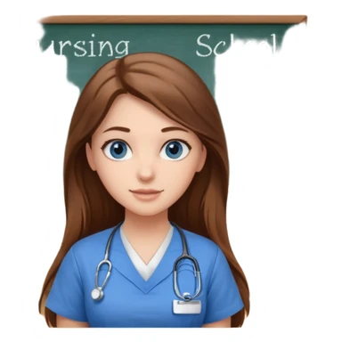 inside a classroom at university that says nursing school on the board with a pretty female nursing student with long brown hair, blue eyes sticker