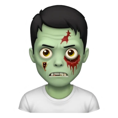 Rosto de frente classico de zombie boca meio torta cabelos medios pretos low fade com pele verde clara camiseta branca sticker