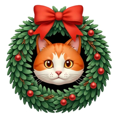A Christmas wreath made entirely of fir trees, decorated with a red bow at the bottom, pine cones and Christmas tree balls, and a cat poking its face through the hole in the center. sticker