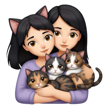 girl with black hair hugging three cats  (tortie cat, gray cat, brown calico cat) sticker