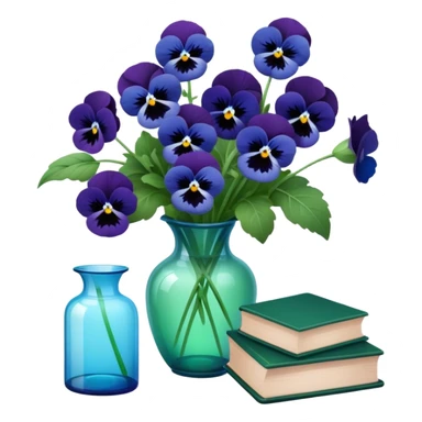 Aesthetically arranged books in dark green and next to them a bouquet of blue pansies in a light green glass vase sticker