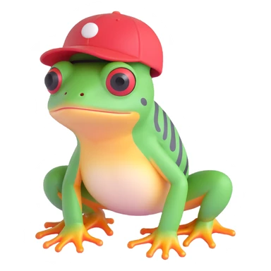 Tiny tropic frog wearing a baseball cap sticker