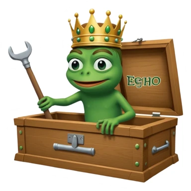 Emoji of an empty wooden coffin with its lid on top, the word ‘ECHO’ carved into the side panel. The coffin is shown from the outside. A king-like Pepe the Frog, standing outside the coffin, is hammering nails into the lid to seal it shut. No character is inside the coffin. Not a treasure chest. sticker