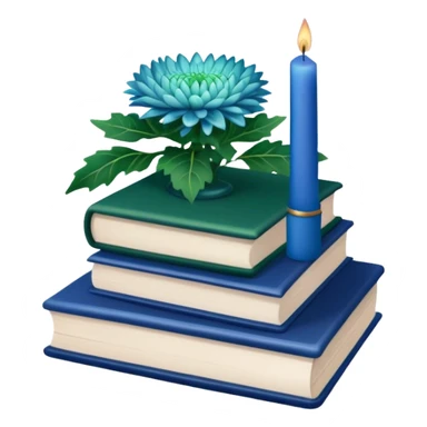 A green book stack adorned with blue chrysanthemums and a deep blue candle  sticker