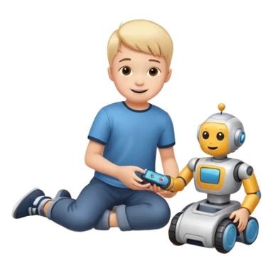 Little boy playing with toy robot on the floor sticker