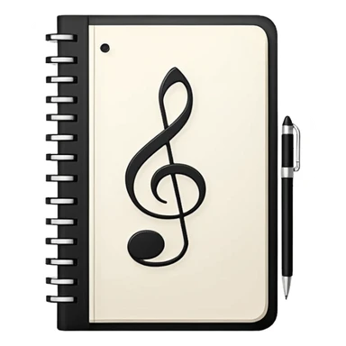 Minimalistic flat vector icon, iOS style, thin black contour on white background. Small notebook with a musical note on the cover, a pen placed next to it. Clean, modern, no text, no shadows. sticker