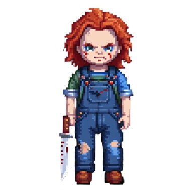 Chucky doll from Child's Play horror movie with red hair, scarred face, blue overalls and a knife sticker