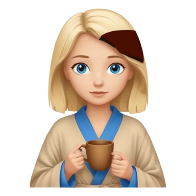cozy blonde girl with middle length hair and blue eyes holds a brown cup in beige  robe sticker