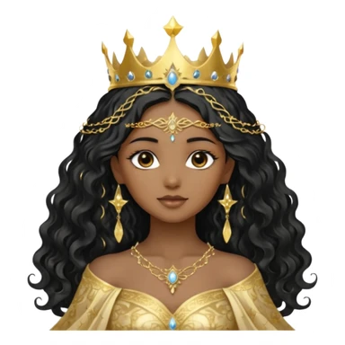 a black beautiful angel with gold pattern on her face and and long wavy black hair, she wears a ethereal crown with sparkling strings and a beautiful sparkling golden gown with moon crest in the middle of the gown, her face calm, gentle and kind, magical aura around her sticker