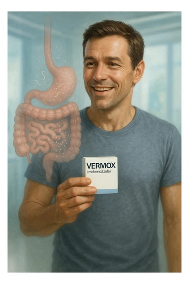 A realistic, cinematic illustration of a man in his late 30s holding a small white box of ‘Vermox’ (mebendazole) in one hand, with a relieved and hopeful expression on his face. Behind him, a semi-transparent overlay shows his digestive tract where small, symbolic worm-like parasites are dissolving and disappearing, indicating the medication’s effect. The environment is clean and bright, with a medical yet hopeful tone, conveying the concept of effective parasite removal. Subtle blue and green tones symbolize cleansing and health restoration, while the man appears energized and ready to reclaim his well-being sticker