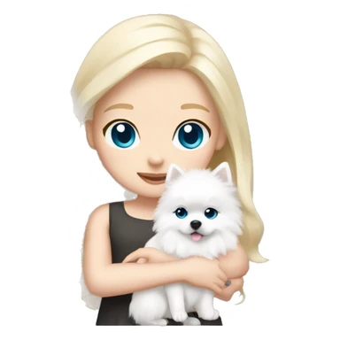 Blond girl white skin blue eyes hugging white Pomeranian with light pink bow sticker