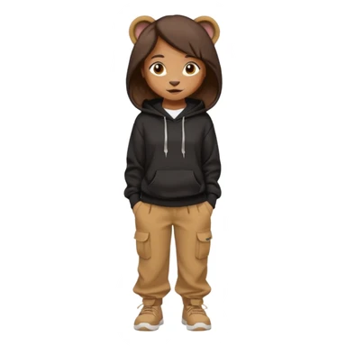 León tierno que sea mujer con pantalones guangos  y una sudadera negra con cabello suelto color castaño obscuro sticker