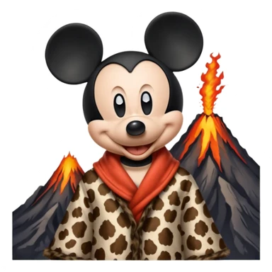 a mickey mouse wearing ancient animal skin cloth with volcano behind, half body, icon sticker