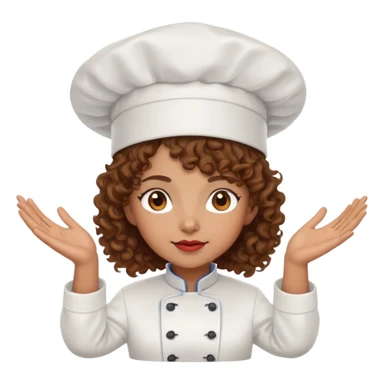 Light brown skinned mixed-race female chef with medium-length curly brown hair, wearing a chef's hat (toque), with both an angel halo and devil horns on her head sticker