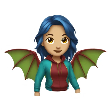 Lady with brunette and blue hair, gold, green dragon wings, maroon hoodie, and bright red eyes sticker