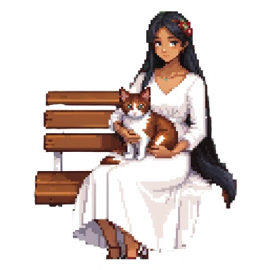beautiful girl with long black hair in a white dress holding an Abyssinian cat with reddish-brown fur, sitting on a bench sticker