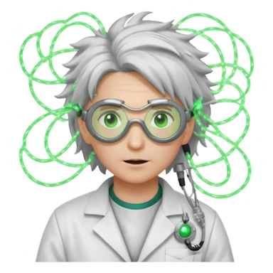 Appearance: Wild silver hair crackling with static electricity, goggles with flickering green lenses, lab coat with glowing circuit patterns.
Vibe: A time-bending genius obsessed with harnessing electricity and temporal flux. sticker