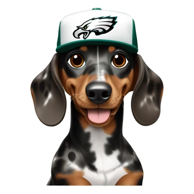 Miniature Tri Merle Medium Brown Spotted Dachshund wearing Philadelphia Eagles Hat with C on Jersey sticker