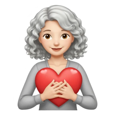 Silver hair, wavy/curly hair chin-length lady giving hug with 2 arms,  v-neck and smiling, add a heart sticker