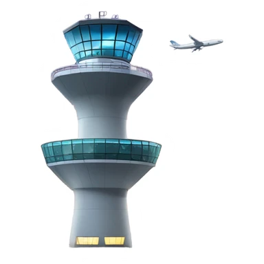 An air traffic control tower stands tall, its sleek, high-tech design featuring glass panels that reflec. Surrounding the base, a bustling airport runway is visible with airplanes taxiing, their navigation lights illuminating the tarmac. sticker