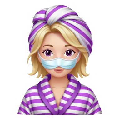 a white girl with a face mask on, her hair in a purple towel and she is in a white bathrobe with pink stripes sticker