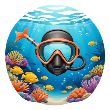 An icon featuring a close-up of a freediving mask and snorkel, with a breath-holding diver's fins, set against a vibrant underwater world. The design includes coral reefs, fish, and bubbles, symbolizing the serene beauty and thrill of freediving. Transparent background highlights the calm sticker