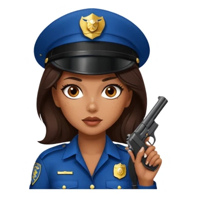 A sexy girl. with caramel skin. Dark brown hair and brown eyes. She has freckles. Wearing sexy makeup. Dressed as a sexy cop. Wearing heels. Holding a gun sticker