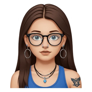 WHITE girl with long brown hair, part going more to the RIGHT side, BLUE eyes, wearing BLACK rectangle plastic frame glasses. SEPTUM nose piercing hoop (at bottom of nose) AND stud nose piercing on right side of nose. Wearing BLACK tank top. Arm tattoos. Hoop earrings sticker
