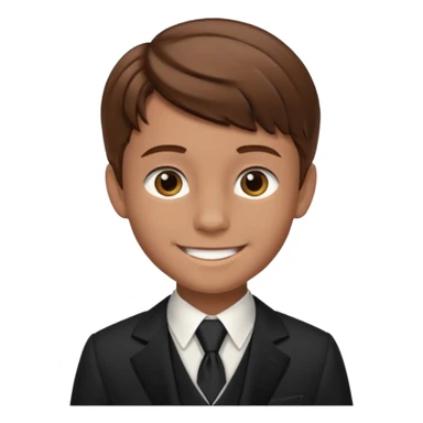 smiling boy in formal attire with brown here  sticker