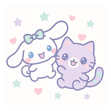 Cinnamoroll and a cute cat together, kawaii style, soft colors, big eyes, playful pose sticker